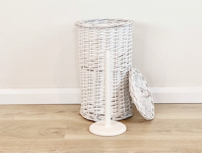 Wicker Willow Round Toilet Roll Holder With Lid And Stick White 37 x 21.5 cm