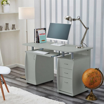 Wicklow Computer Desk With Cabinet and 3 Drawers - Grey