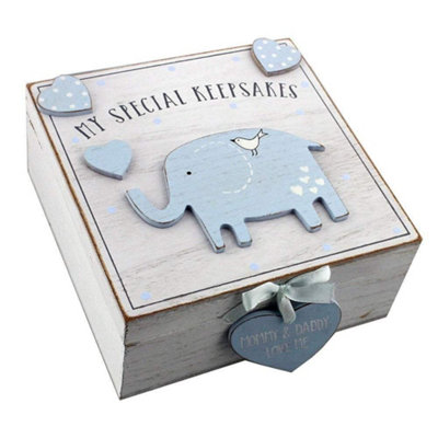 Widdop Gifts Baby Boy Wooden Keepsake Box with 3D Blue Elephant, Hinged ...