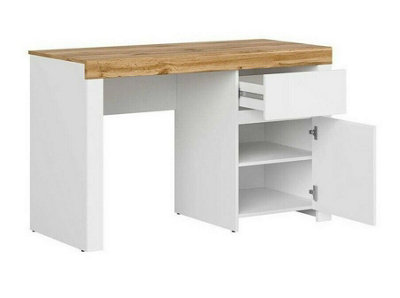 Wide Desk with Cupboard for Study Home Office Soft Close Door Drawer White Gloss Oak Effect Holten
