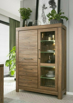 Wide Glass Display Cabinet Drinks Buffet Unit LED Lights Medium Oak Effect Gent