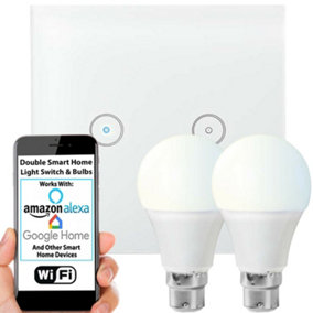 WiFi Light Switch & Bulb 2x 10W B22 Cool White Lamp & Double Wireless Wall Plate