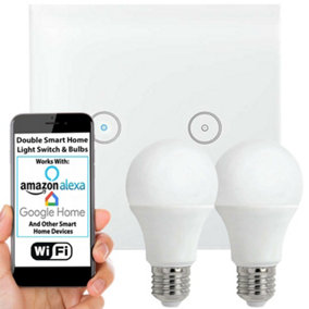 WiFi Light Switch & Bulb 2x 10W E27 Cool White Lamp & Double Wireless Wall Plate