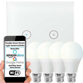 WiFi Light Switch & Bulb 4x 10W B22 Cool White Lamp & Double Wireless Wall Plate