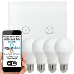 WiFi Light Switch & Bulb 4x 10W E27 Cool White Lamp & Double Wireless Wall Plate