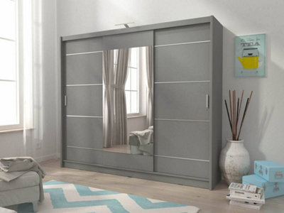 Wiki Alu Contemporary 3 Sliding Door Wardrobe Mirrored 9 Shelves 1 Hanging Rail Grey Matt with LED (H)2140mm (W)2500mm (D)620mm