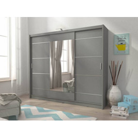 Wiki Alu Contemporary 3 Sliding Door Wardrobe Mirrored 9 Shelves 1 Hanging Rail Grey Matt with LED (H)2140mm (W)2500mm (D)620mm