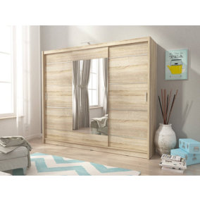 Wiki Alu Contemporary 3 Sliding Door Wardrobe Mirrored 9 Shelves 1 Hanging Rail Oak Effect with LED (H)2140mm (W)2500mm (D)620mm