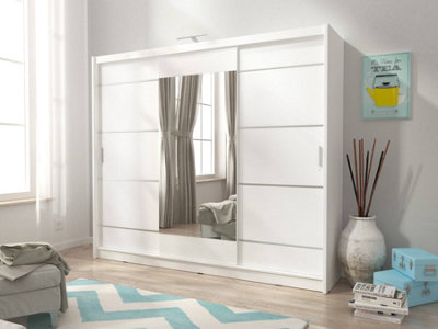 Wiki Alu Contemporary 3 Sliding Door Wardrobe Mirrored 9 Shelves 1 Hanging Rail White Matt with LED (H)2140mm (W)2500mm (D)620mm