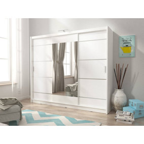 Wiki Alu Contemporary 3 Sliding Door Wardrobe Mirrored 9 Shelves 1 Hanging Rail White Matt with LED (H)2140mm (W)2500mm (D)620mm