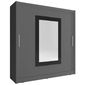 Wiki II Contemporary Mirrored Wardrobe 4 Shelves 1 Rail 2 Sliding Doors Black Glass Decor Grey Matt (H)2000mm (W)1800mm (D)620mm