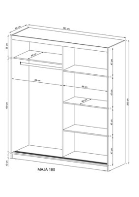 Wiki II Contemporary Mirrored Wardrobe 4 Shelves 1 Rail 2 Sliding Doors Black Glass Decor White Matt (H)2000mm (W)1800mm (D)620mm