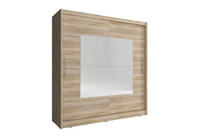 Wiki IX Contemporary Wardrobe Mirrored 8 Shelves 1 Long Rail 2 Sliding Doors Oak Effect (H)2140mm (W)2000mm (D)620mm