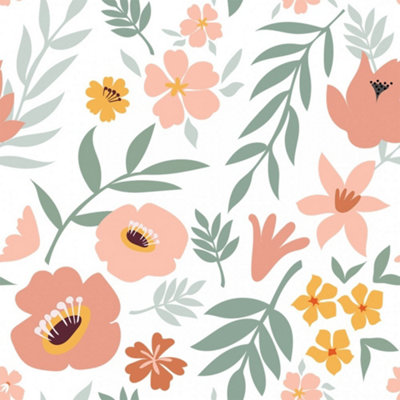 Wild Flowers Wallpaper Peach And Green