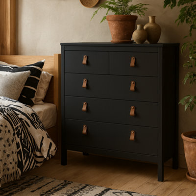 WILDBERRY MATT BLACK 5-DRAWER CHEST WITH LEATHER STRAP HANDLES