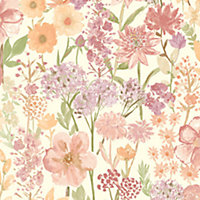 Wildflowers Cream & Red Floral Meadow Wallpaper A61603