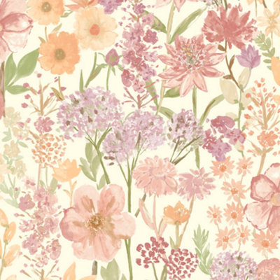 Wildflowers Cream & Red Floral Meadow Wallpaper A61603