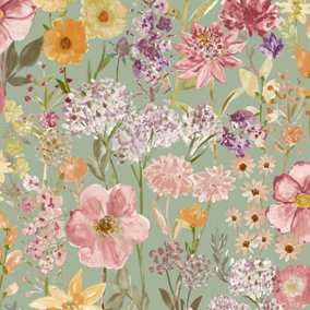 Wildflowers Sage Wallpaper Pink Floral Hand Painted Effect Smooth Matte Finish