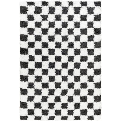 WILLA Shaggy Modern Plush Pile Black Checkered Area Rug 200 x 290 cm