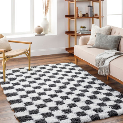 WILLA Shaggy Modern Plush Pile Black Checkered Area Rug 200 x 290 cm