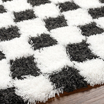 WILLA Shaggy Modern Plush Pile Black Checkered Area Rug 200 x 290 cm