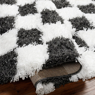 WILLA Shaggy Modern Plush Pile Black Checkered Area Rug 200 x 290 cm