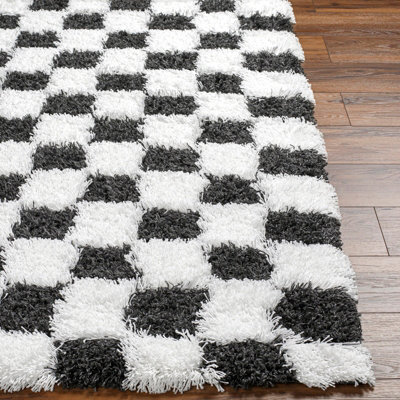 WILLA Shaggy Modern Plush Pile Black Checkered Area Rug 200 x 290 cm