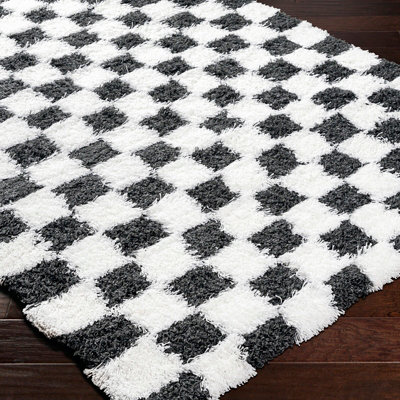 WILLA Shaggy Modern Plush Pile Black Checkered Area Rug 200 x 290 cm
