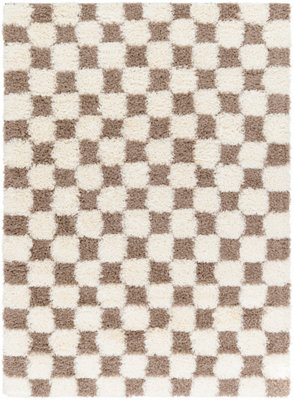 WILLA Shaggy Modern Plush Pile Brown Checkered Area Rug 200 x 290 cm