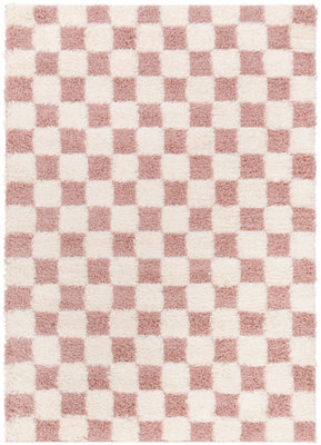WILLA Shaggy Modern Plush Pile Dusty Pink Checkered Area Rug 130 x 170 cm