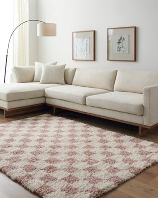 WILLA Shaggy Modern Plush Pile Dusty Pink Checkered Area Rug 130 x 170 cm