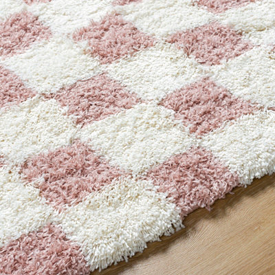 WILLA Shaggy Modern Plush Pile Dusty Pink Checkered Area Rug 130 x 170 cm