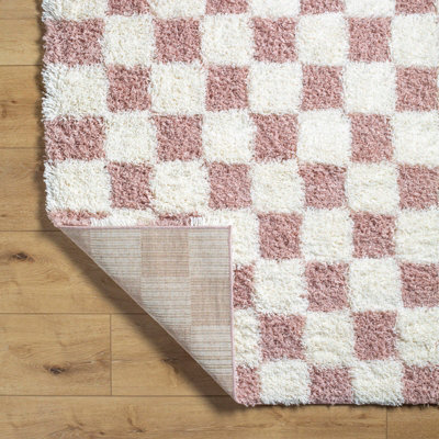 WILLA Shaggy Modern Plush Pile Dusty Pink Checkered Area Rug 130 x 170 cm