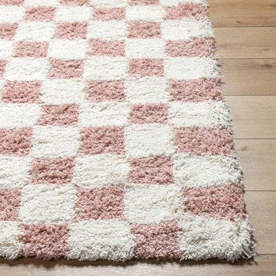 WILLA Shaggy Modern Plush Pile Dusty Pink Checkered Area Rug 130 x 170 cm