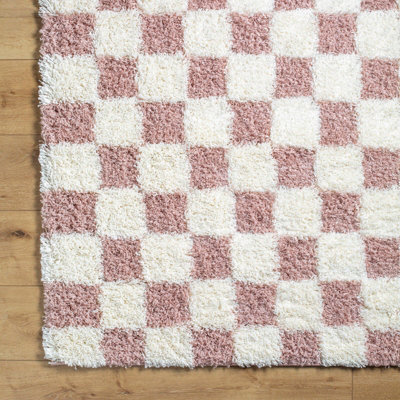 WILLA Shaggy Modern Plush Pile Dusty Pink Checkered Area Rug 130 x 170 cm