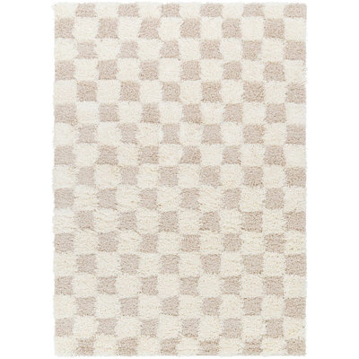 WILLA Shaggy Modern Plush Pile Light Beige Checkered Area Rug 200 x 290 cm