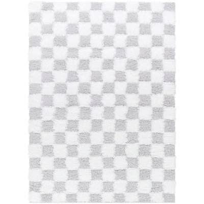 WILLA Shaggy Modern Plush Pile Light Grey Checkered Area Rug 200 x 290 cm