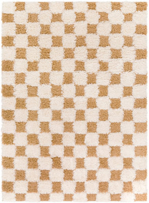 WILLA Shaggy Modern Plush Pile Mustard Checkered Area Rug 130 x 170 cm