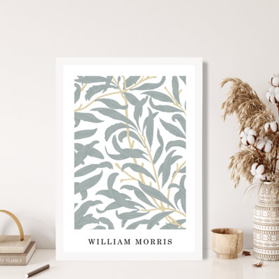 William Morris Art Print Willow Floral in Green and Peach / White Frame / SIZE: A4
