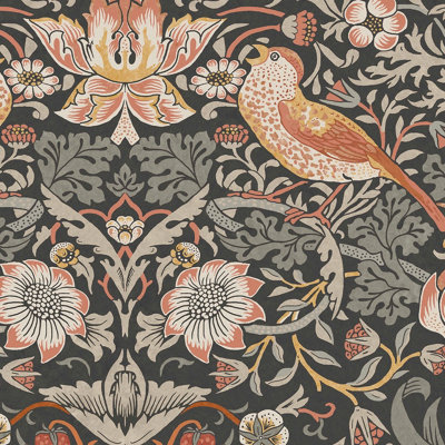 William Morris at Home Charcoal Stawberry theif Damask Wallpaper