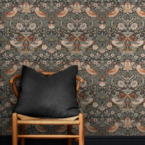 William Morris at Home Charcoal Strawberry Theif Damask Wallpaper