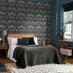 William Morris at Home Deep Blue Stawberry theif Damask Wallpaper