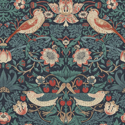 William Morris at Home Deep Blue Stawberry theif Damask Wallpaper