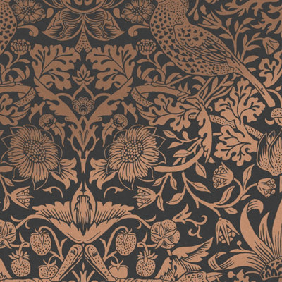 William Morris at Home Fiborous Charcoal Stawberry theif Damask Wallpaper