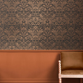William Morris at Home Fiborous Charcoal Strawberry Theif Damask Wallpaper