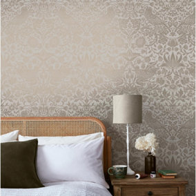 William Morris at Home Fiborous Neutral Strawberry Theif Damask Wallpaper