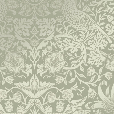William Morris at Home Fiborous Sage Stawberry theif Damask Wallpaper