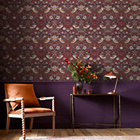 William Morris at Home Plum Strawberry theif Damask Wallpaper