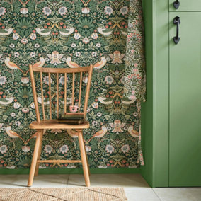William Morris at Home Rich Green Strawberry Theif Damask Wallpaper