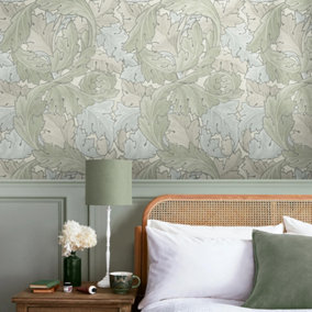 William Morris at Home Sage & Duck egg Arcanthus leaf Wallpaper